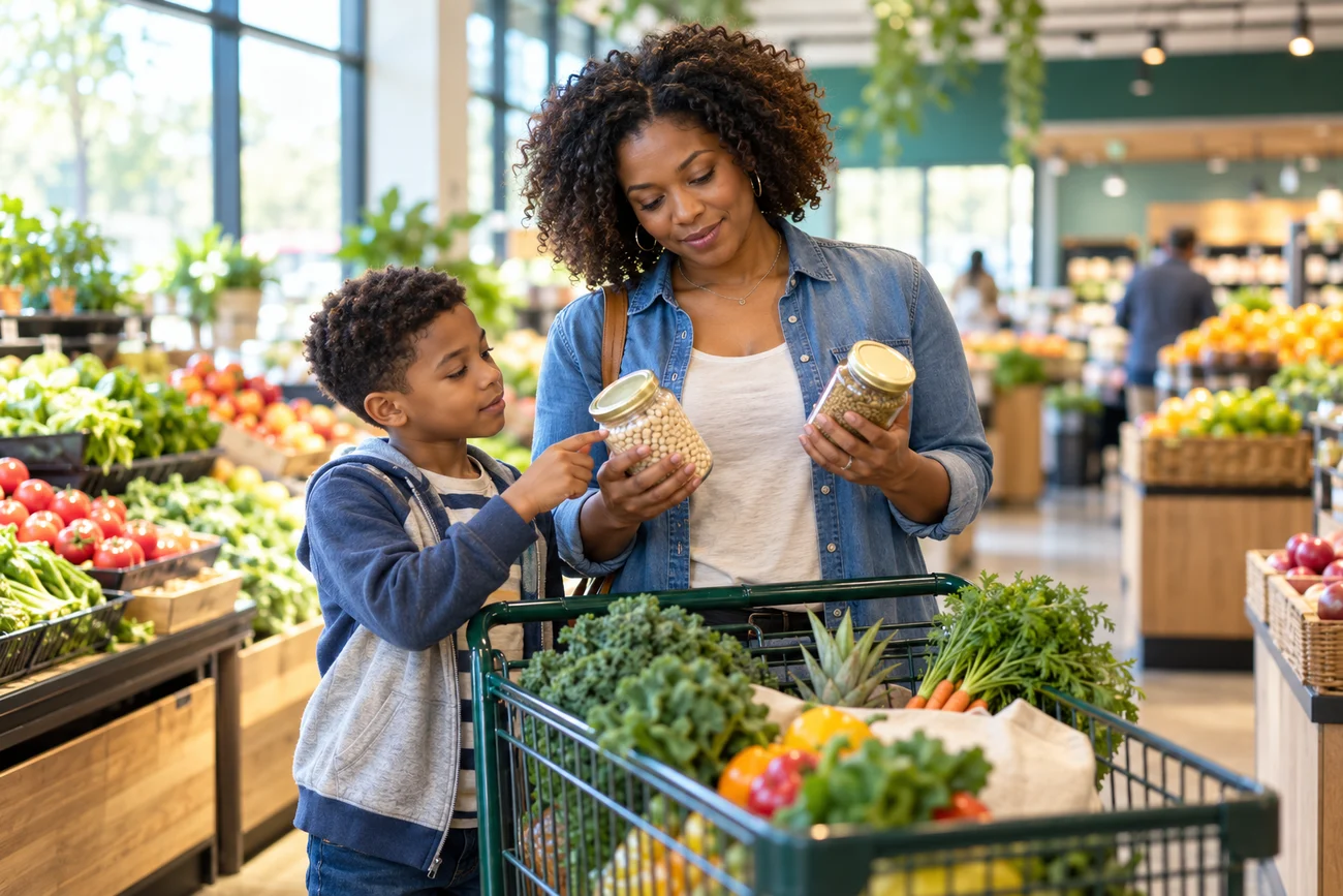 Illustration of a parent and child comparing grocery choices